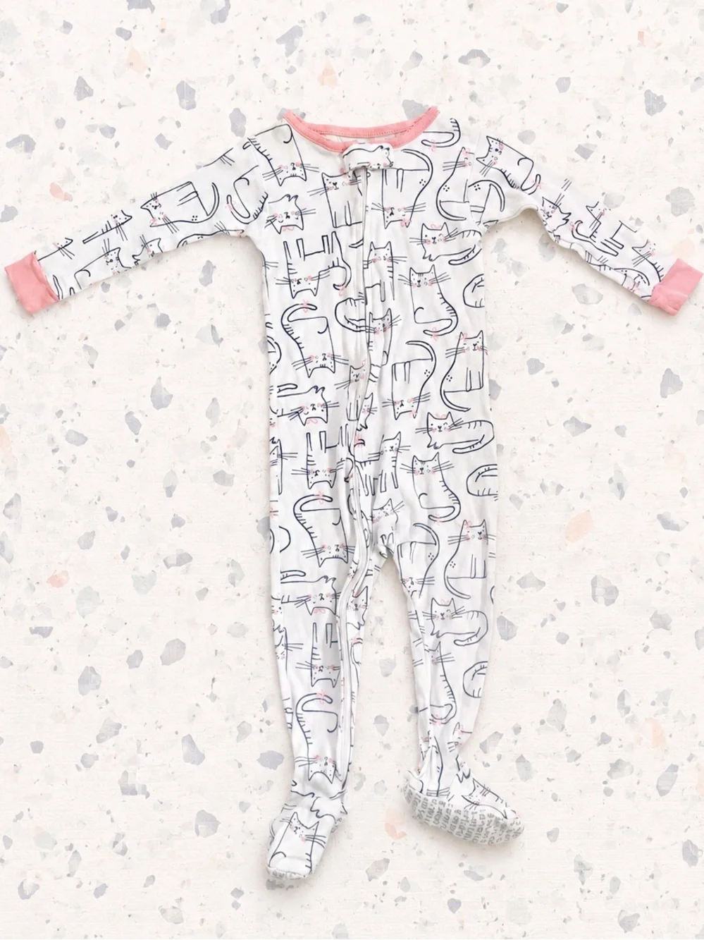 Carter's Baby Girl’s White Cat-Print Footed One-Piece with Pink Trim - 18 Months